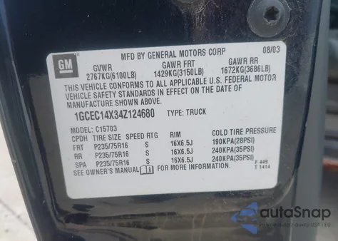 2004 Chevrolet Silverado 1500 из США, поврежденный, VIN 1GCEC14X34Z124680